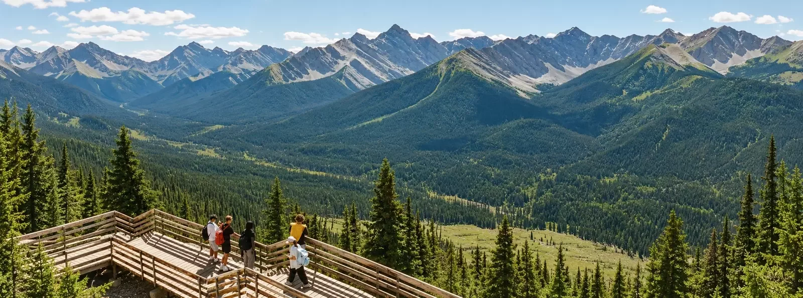 Hikers on a wooden viewpoint overlooking a forested mountain range.